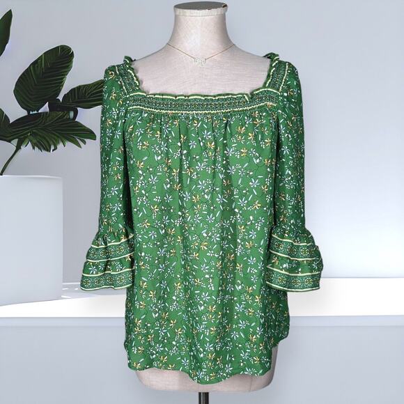 New $98 MAX STUDIO Bell Sleeve Top Ruffle Trim Shirred Blouse Floral Boho Green - Picture 1 of 10